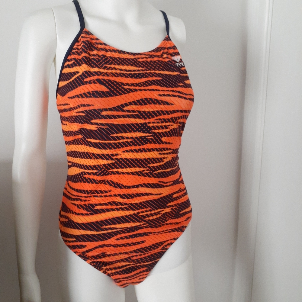 Tyr orange navy blue racing swimsuit s